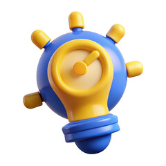 Stylized 3d blue and yellow lightbulb with clock face isolated on transparent background