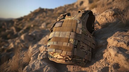 Military Tactical Vest Camouflage Equipment on Rocky Terrain