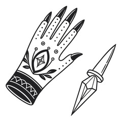 Stylized hand with long nails and decorative patterns beside a crystal dagger with sharp point design