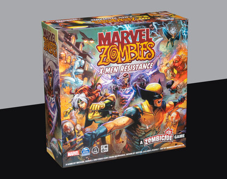 Box of the popular board game Marvel Zombies X-Men Resistance on black and white background. Copenhagen, Denmark, July 17, 2017