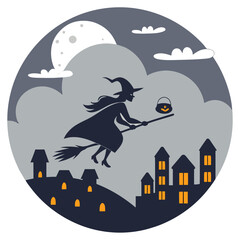 Silhouette of a witch flying on a broomstick with a pumpkin bucket over a town during halloween night