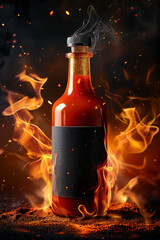 Hot sauce bottle with smoke and fire. Spicy condiment concept for cooking, food industry, and restaurant menu design.
