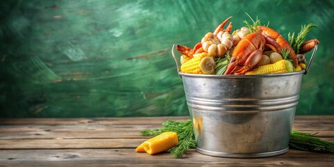 A rustic metal bucket overflowing with a vibrant medley of freshly harvested corn on the cob, succulent crawfish, and aromatic herbs, creating a mouthwatering still life of seafood and vegetables.