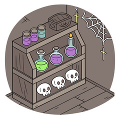 Illustration of a wooden shelf filled with potion bottles skulls and a treasure chest in a spooky room