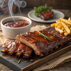 "Delicious Barbecue Ribs with Sauce and French Fries"


