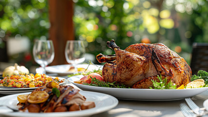 Roasted whole turkey on a serving platter with side dishes on a table set outdoors. Holiday meal concept for Thanksgiving.