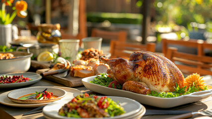 Roasted turkey served on an outdoor table for Thanksgiving celebration. Traditional holiday meal with appetizers for autumn dinner.