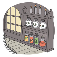 Illustration of a potion shelf with skull bottles, candles, and potion bottles in a room with a window