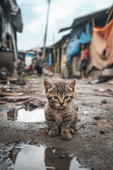 A cute tabby kitten sitting on wet dirt next to a puddle in a poor village setting, an animal concept, for storybooks.