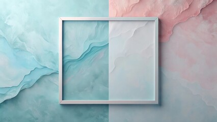 Serene pastel background with a minimalist white frame, ideal for showcasing artwork or design elements, featuring a calming color palette and abstract texture.
