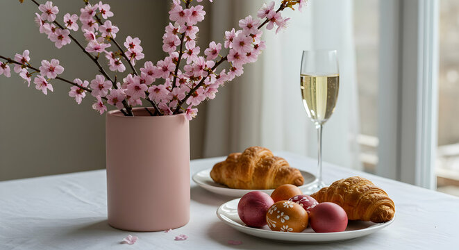 Easter Brunch Table Setting Pink Flowers Croissants Champagne