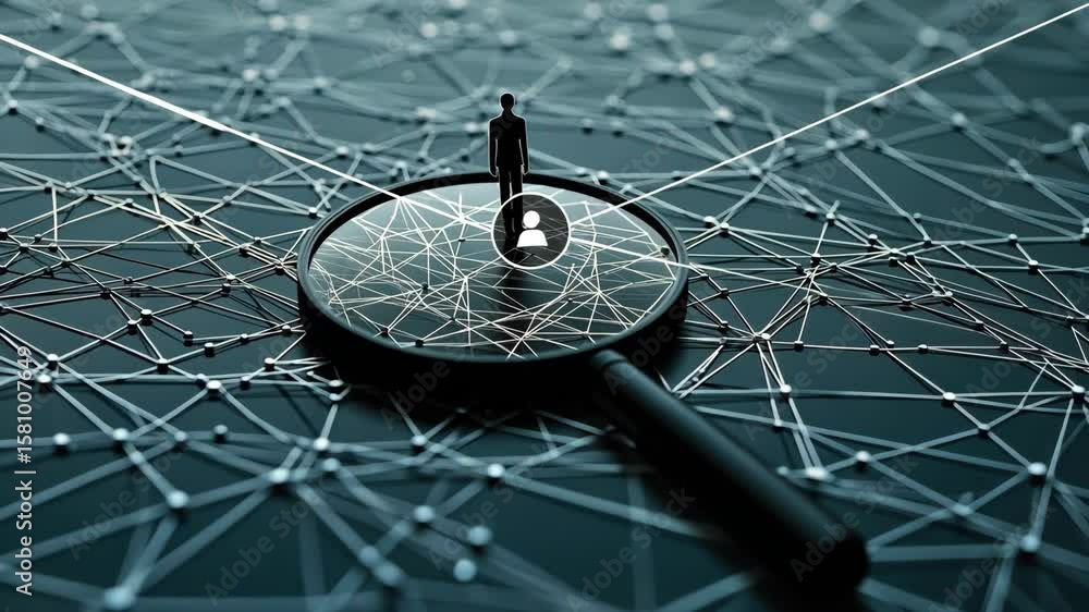 Poster A figure stands on a web of connections, examining the complex relationships and patterns that define digital networks and interactions