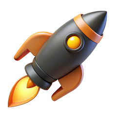 3d cartoon rocket ship with orange accents launching with flame isolated on transparent background