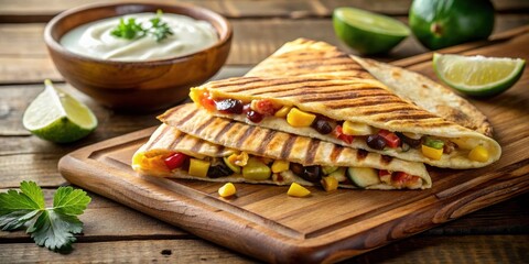 Grilled Vegetable Quesadillas with Creamy Dip on Rustic Wooden Board