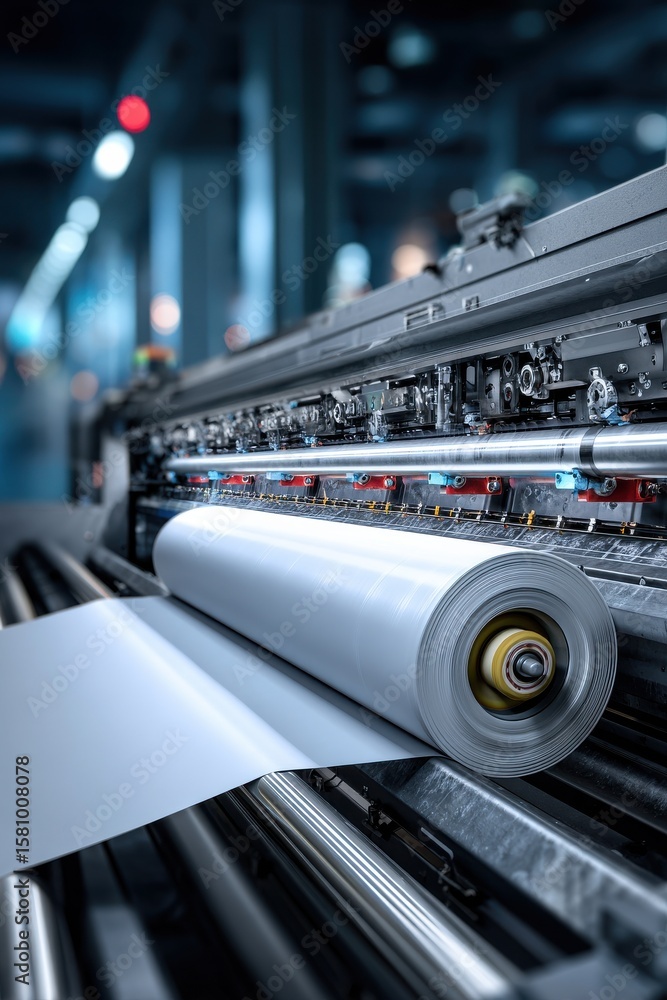 Poster close-up of industrial paper roll machine in operation in factory setting