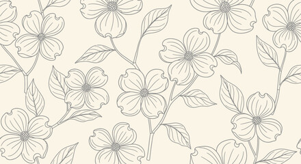 Elegant Floral Pattern Delicate Dogwood Flowers on a Soft Beige Background for a Serene, Artistic Aesthetic