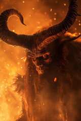 Horned dark creature with fiery eyes in a blaze. Halloween demon or devil in glowing inferno. Concept of evil and danger.