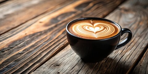 Aromatic Coffee with Heart Design in Dark Cup on Rustic Wooden Surface