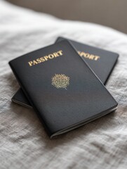 Two black passports on fabric surface.
