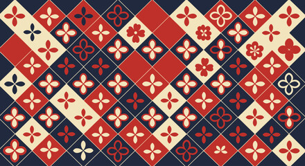 Elegant Floral Mosaic Geometric Arrangement of Blossoms and Tiles in Red, Navy and Cream, Stylish Pattern Design