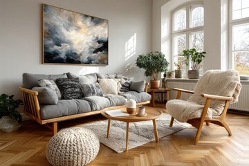 Cozy Scandinavian living room interior with natural light and minimalist decor