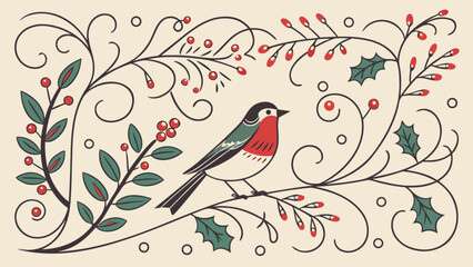 Christmas robin bird on holly branch with berries holiday season vector illustration art design image