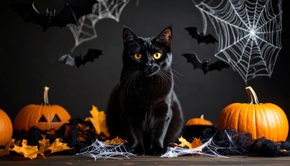 Black cat amidst Halloween decor