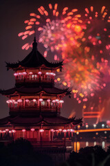 Traditional chinese pagoda with lanterns and vibrant bokeh fireworks in the night sky. Celebration for new year.