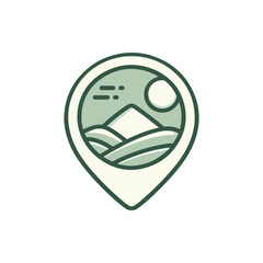 Illustrated map pin featuring a serene landscape with mountains and sun, ideal for travel themes