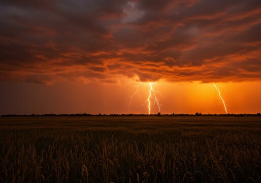 An authentic sunset storm over a field with a rainbow and lightning - Powered by Adobe