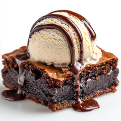 Brownie chocolate cake with ice creme on white background