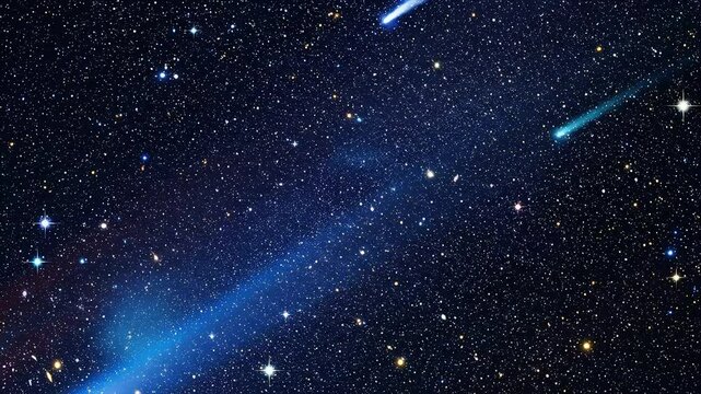 Cosmic comets streak across star-filled space, background nebula