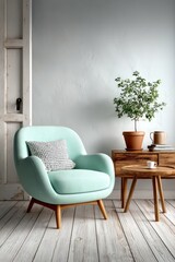 Mid-century inspired interior with pastel accents and wooden furniture