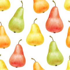 Vibrant seamless pattern of hand-drawn pears in various shades, fruit background