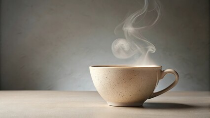 A steaming cup of hot beverage on a neutral surface against a muted background