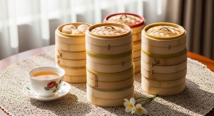 A vibrant collection of traditional bamboo dim sum baskets, artfully stacked on a Chinese tea table with a delicate cup of jasmine tea, bathed in natural light.