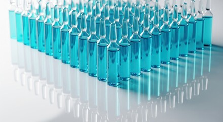 Fototapeta premium Many Pharmaceutical Vials With Blue Liquid Ready For Use