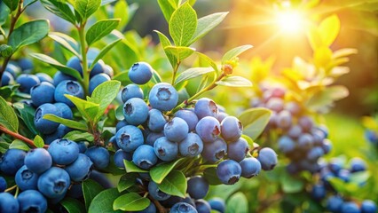 Sunlit Clusters of Ripe Blueberries on Lush Green Bushes in a Vibrant Summer Garden