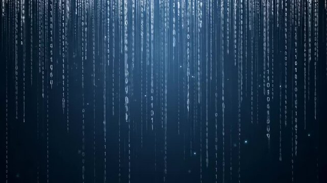 Digital rain falling on dark blue background, binary code, website design