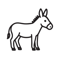 Simple Black and White Line Drawing of a Cartoon Donkey Standing on a White Background