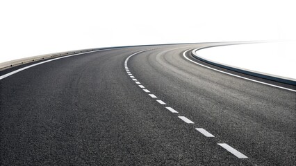 Dynamic shot of a dark grey empty road, bending sharply, with prominent white markings guiding the viewer's eye into the horizon. Perfect for conveying themes of progress, new beginnings