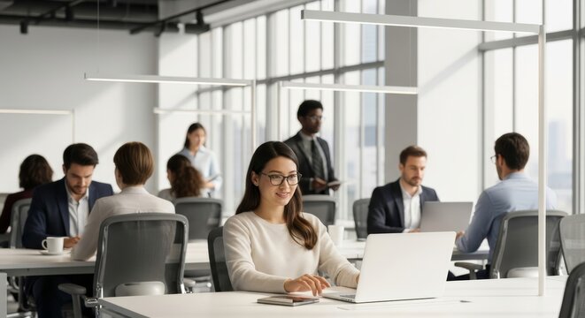 A sophisticated interior shot of a modern, bustling co-working office space, featuring clean lines, ergonomic furniture, and abundant natural light streaming through large windows.