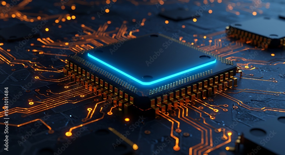 Aufkleber close-up of a computer processor with glowing blue and orange circuits