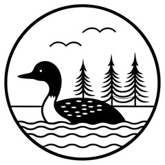 Circular silhouette of a loon swimming in a lake with trees and birds isolated on white background