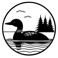Loon swimming in lake with pine trees and birds silhouette isolated on white background