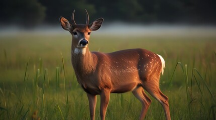 A majestic wild deer with piercing brown eyes and twitching ears, standing alert in a lush, emerald-green grassy field at twilight, its coat glistening with subtle sheen.