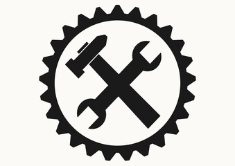 Hammer crosswise crosses wrench bordered gear, vector icon