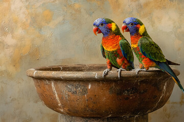 Rainbow Lorikeets on Terracotta Bowl