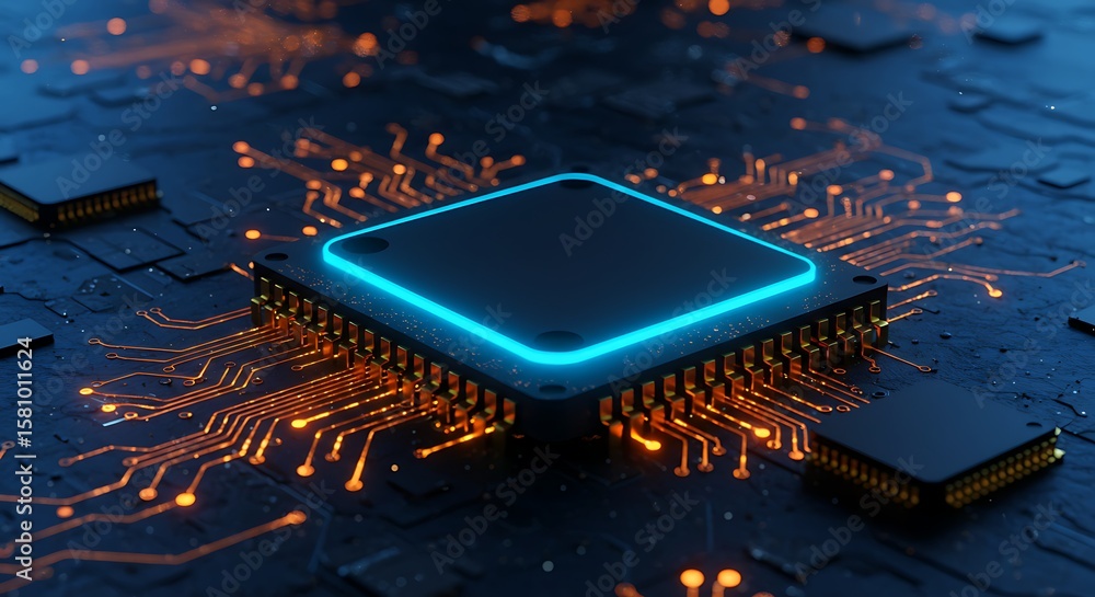 Poster illuminated central processing unit on circuit board with orange and blue details