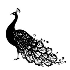 Fototapeta premium Vintage peacock vector illustration with intricate floral design and elegant wing silhouette, ideal for tattoo art or decorative patterns